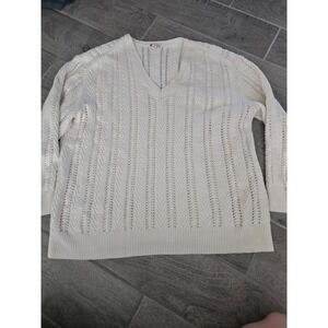 Gap Women's Loose Cable Knit V Neck Long Sleeve Sweater‎ XL Cotton Cream Ivory